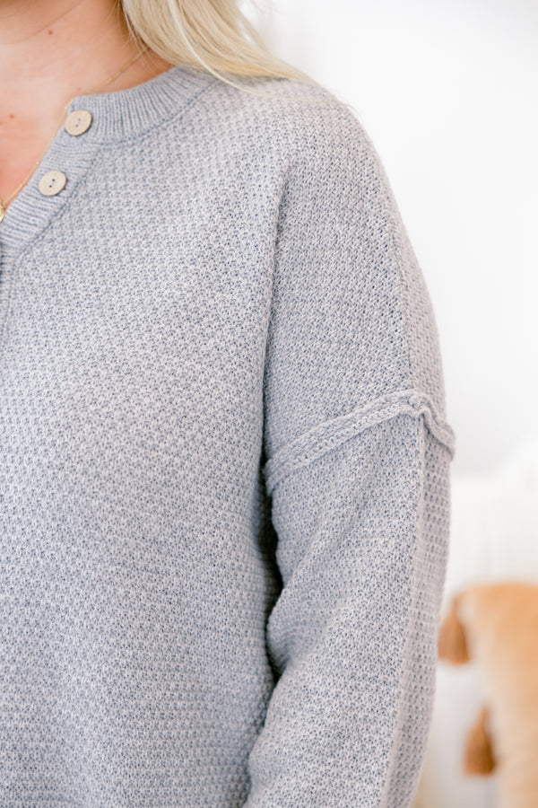 Chic Soul plus size clothing, light gray long sleeve knit sweater with buttons 1/4 of the way down the front