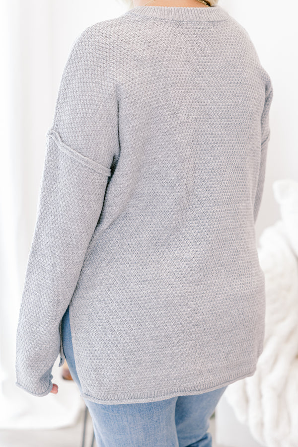 Chic Soul plus size clothing, light gray long sleeve knit sweater with buttons 1/4 of the way down the front