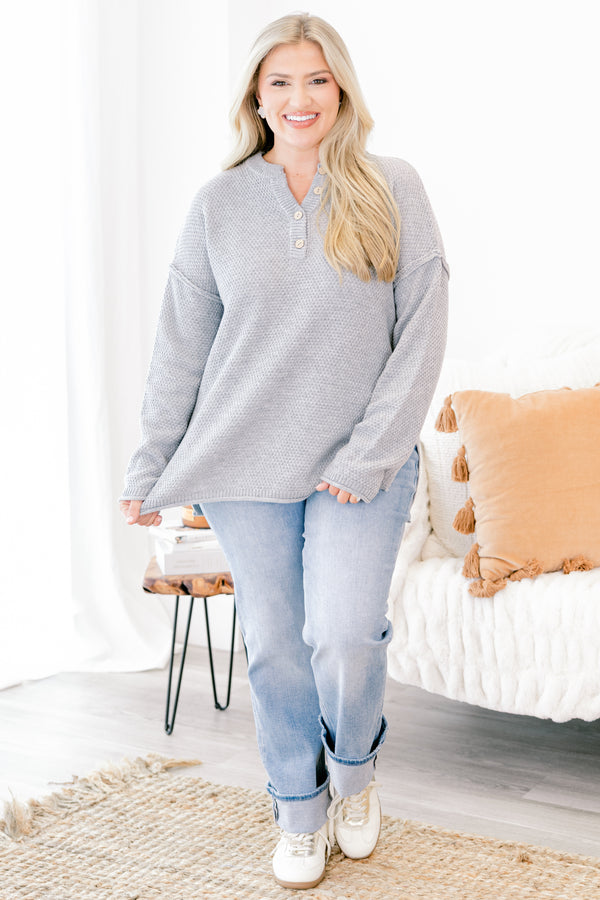 Chic Soul plus size clothing, light gray long sleeve knit sweater with buttons 1/4 of the way down the front