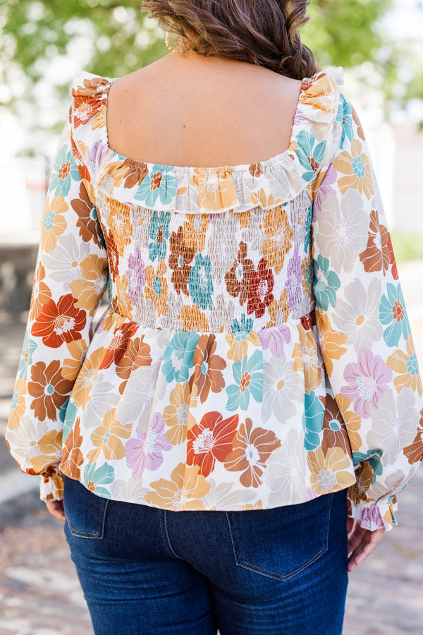 Chic Soul plus size clothing, white multi long sleeve flowy top with smocked top with large multi floral print with square neckline and ruffle along neckline with puff sleeves