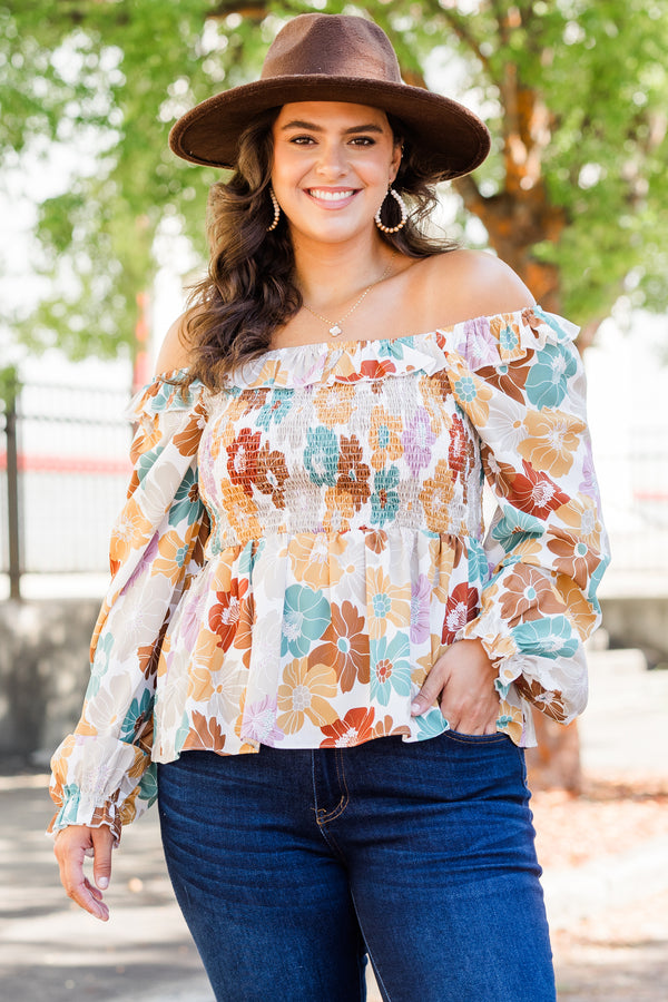 Chic Soul plus size clothing, white multi long sleeve flowy top with smocked top with large multi floral print with square neckline and ruffle along neckline with puff sleeves