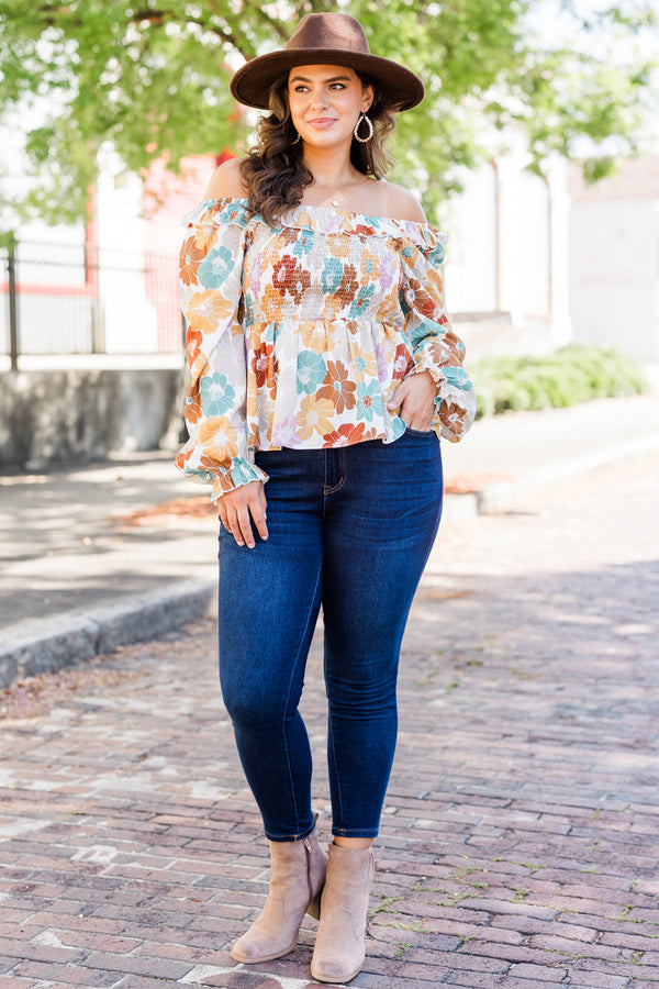 Chic Soul plus size clothing, white multi long sleeve flowy top with smocked top with large multi floral print with square neckline and ruffle along neckline with puff sleeves