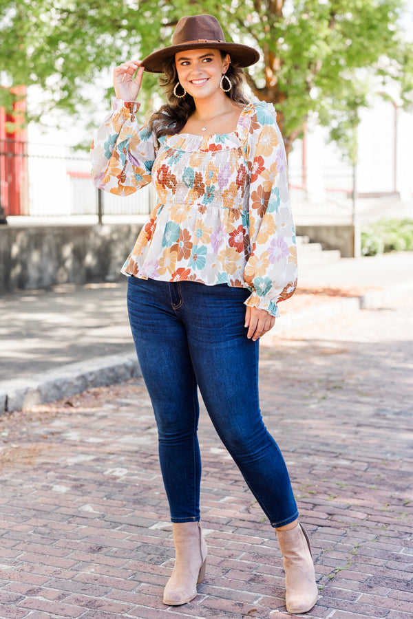 Chic Soul plus size clothing, white multi long sleeve flowy top with smocked top with large multi floral print with square neckline and ruffle along neckline with puff sleeves