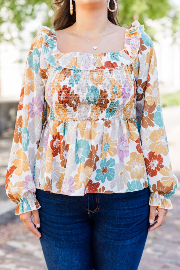 Chic Soul plus size clothing, white multi long sleeve flowy top with smocked top with large multi floral print with square neckline and ruffle along neckline with puff sleeves