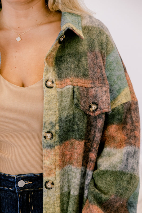 Chic Soul plus size clothing, neutral toned abstract plaid button up fleece shacket