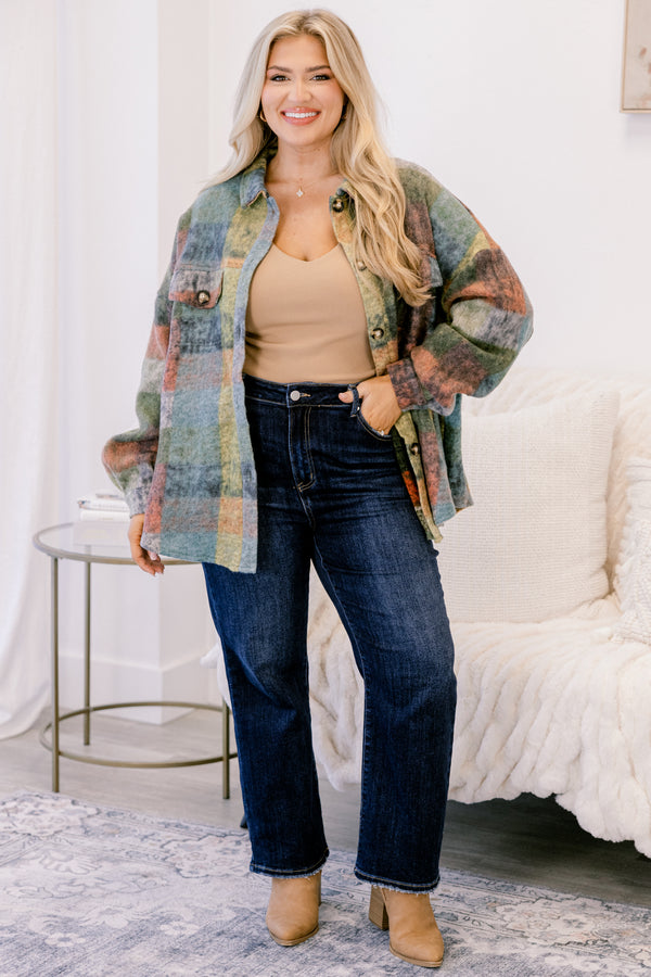 Chic Soul plus size clothing, neutral toned abstract plaid button up fleece shacket