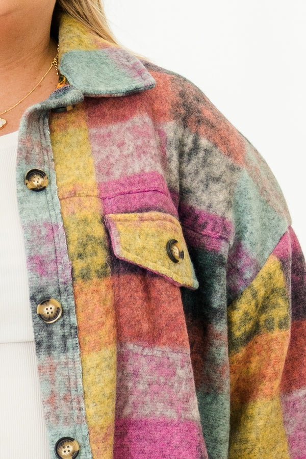 Chic Soul plus size clothing, multi colored plaid button up jacket with collar detail and two chest pockets with pockets on side and cuff sleeves