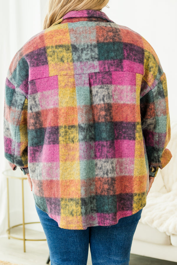 Chic Soul plus size clothing, multi colored plaid button up jacket with collar detail and two chest pockets with pockets on side and cuff sleeves