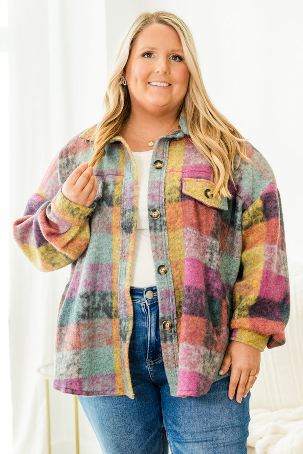 Chic Soul plus size clothing, multi colored plaid button up jacket with collar detail and two chest pockets with pockets on side and cuff sleeves