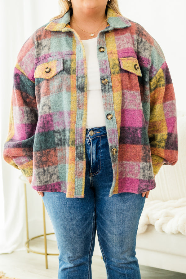 Chic Soul plus size clothing, multi colored plaid button up jacket with collar detail and two chest pockets with pockets on side and cuff sleeves