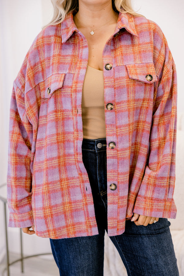 Chic Soul plus size clothing, purple red and yellow plaid button up shacket