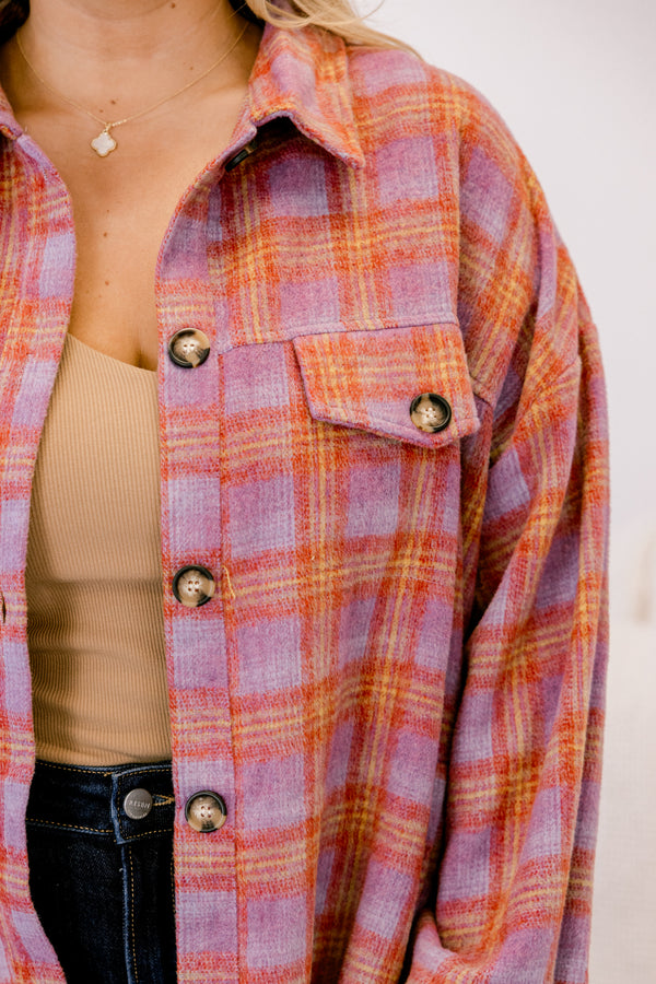 Chic Soul plus size clothing, purple red and yellow plaid button up shacket
