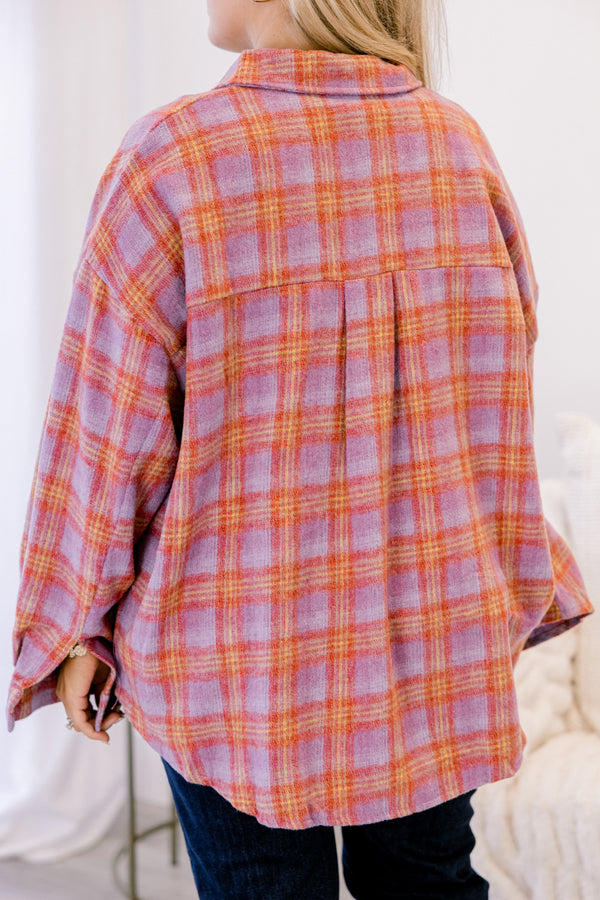 Chic Soul plus size clothing, purple red and yellow plaid button up shacket