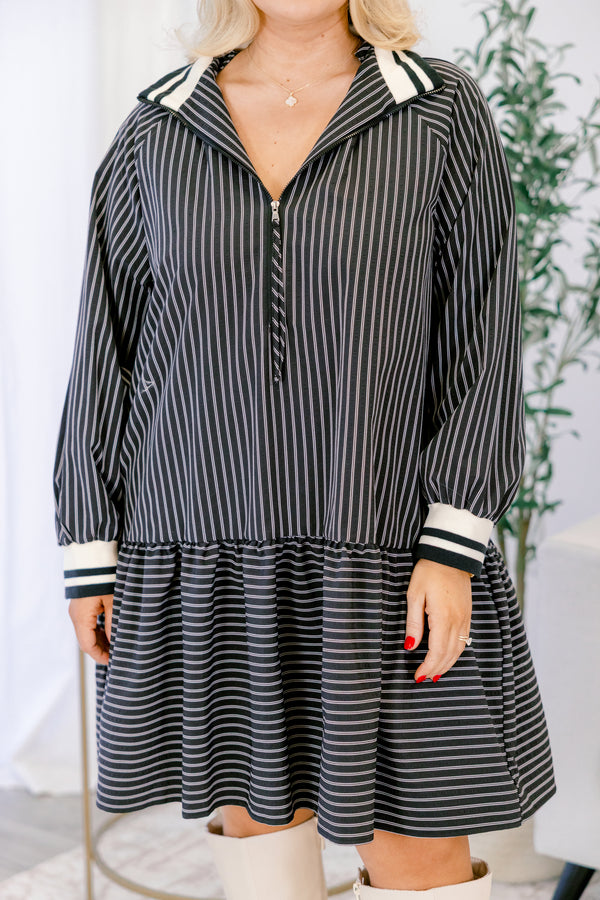 Chic Soul plus size clothing, short black dress with drop waist, striped fabric and zipper neckline