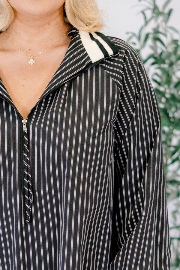 Chic Soul plus size clothing, short black dress with drop waist, striped fabric and zipper neckline