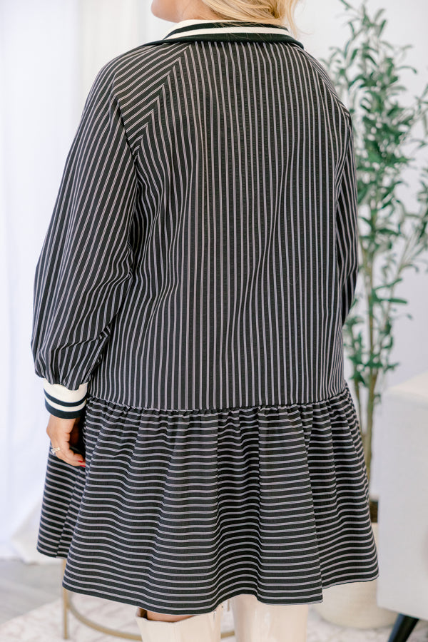 Chic Soul plus size clothing, short black dress with drop waist, striped fabric and zipper neckline