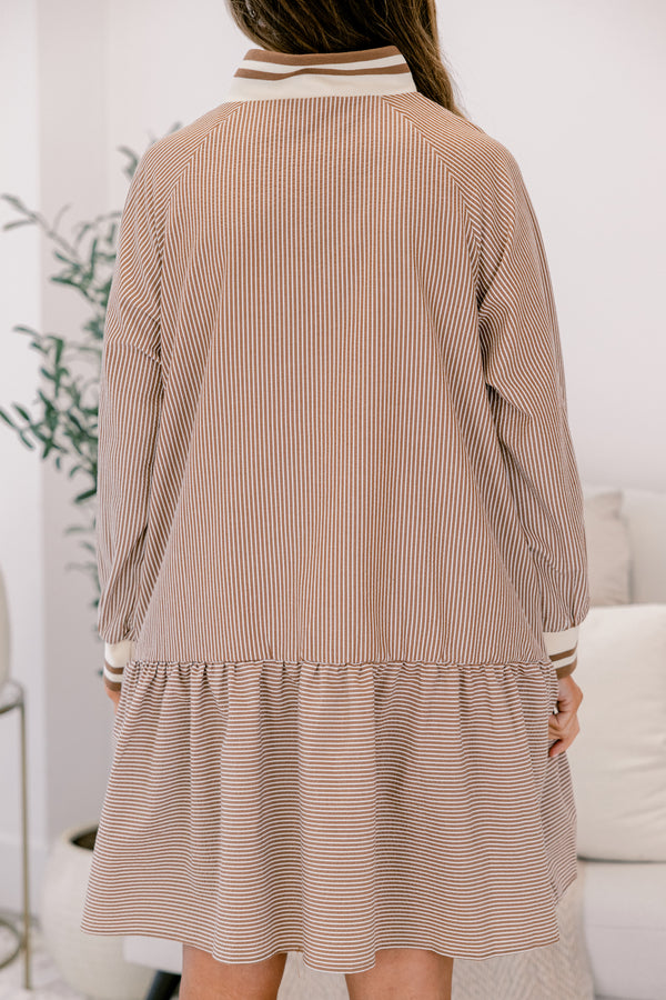 Chic Soul plus size clothing, brown vertical pin stripe long sleeve dress with ruffle along the bottom and 1/4 zip 