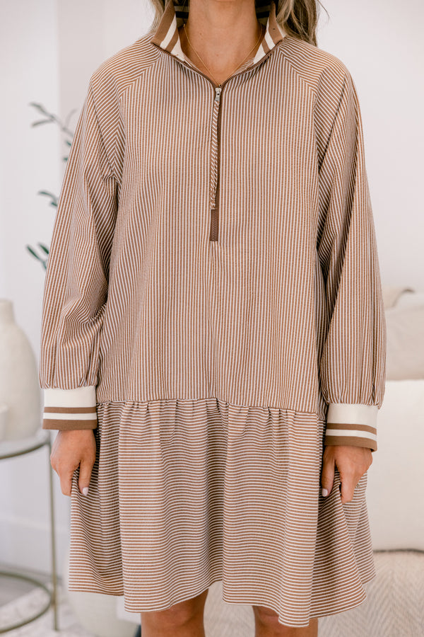Chic Soul plus size clothing, brown vertical pin stripe long sleeve dress with ruffle along the bottom and 1/4 zip 