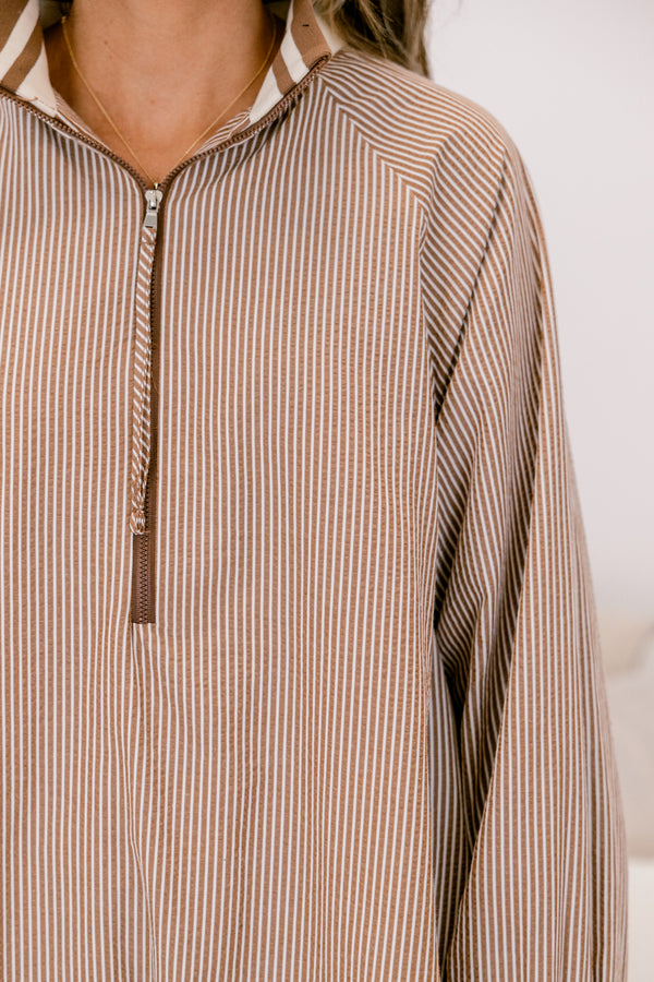 Chic Soul plus size clothing, brown vertical pin stripe long sleeve dress with ruffle along the bottom and 1/4 zip 