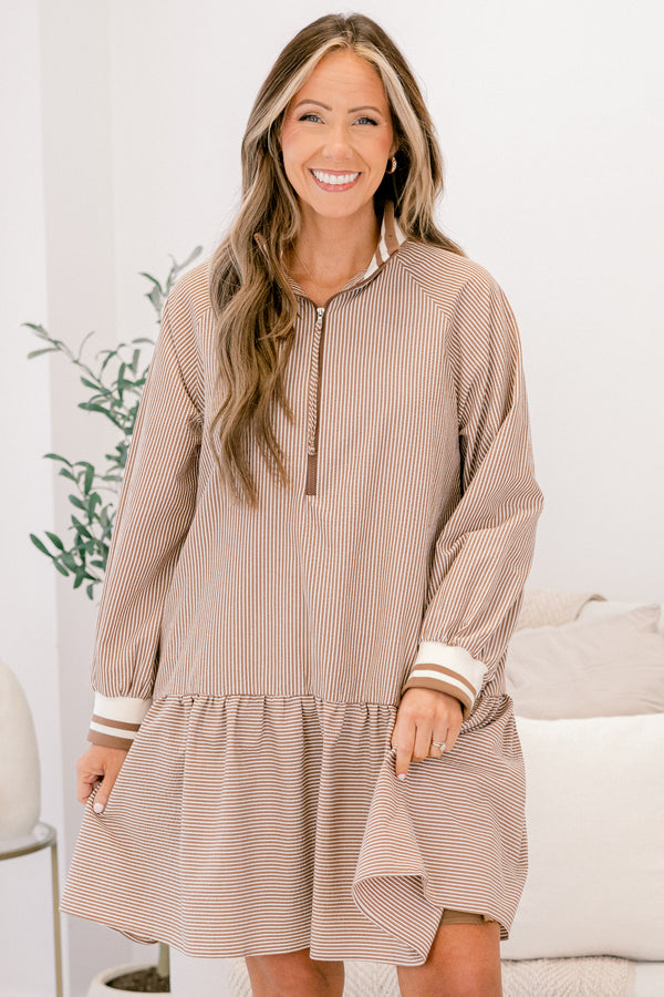Chic Soul plus size clothing, brown vertical pin stripe long sleeve dress with ruffle along the bottom and 1/4 zip 
