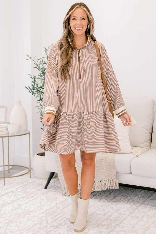 Chic Soul plus size clothing, brown vertical pin stripe long sleeve dress with ruffle along the bottom and 1/4 zip 