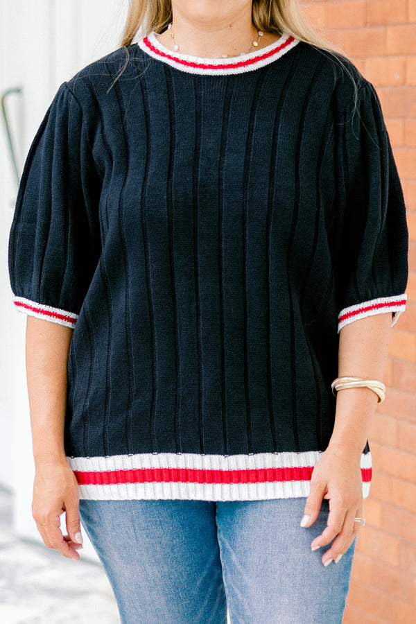 Chic Soul plus  size clothing, Navy short sleeve sweater top with a white cuff that has a ride stripe on the bottom of the shirt along the neckline and on the end of the sleeves 