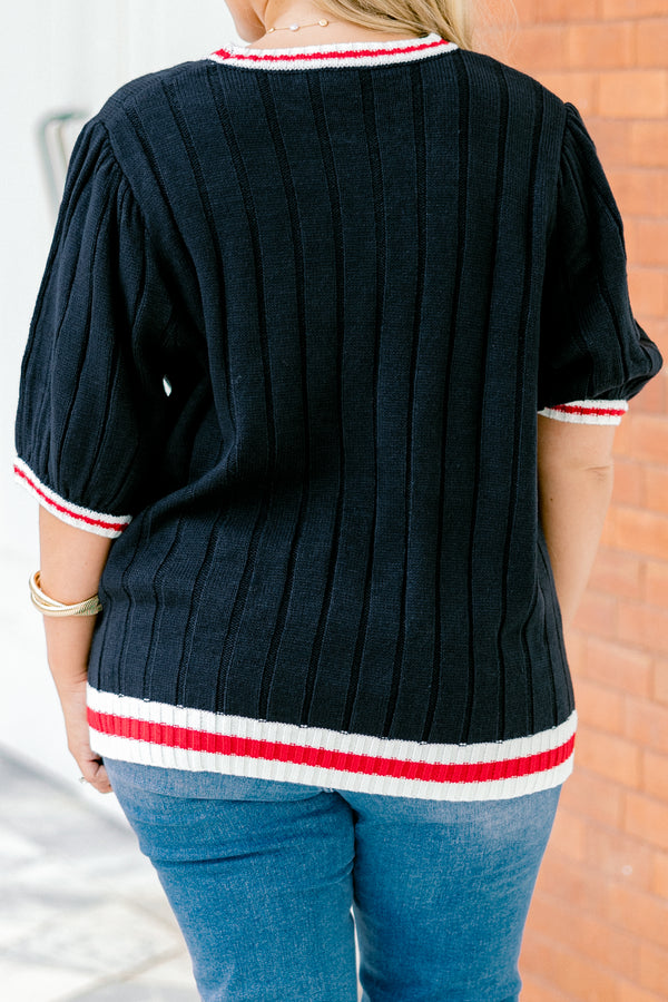 Chic Soul plus  size clothing, Navy short sleeve sweater top with a white cuff that has a ride stripe on the bottom of the shirt along the neckline and on the end of the sleeves 
