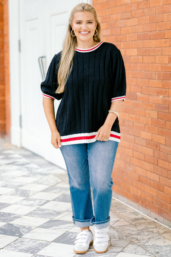 Chic Soul plus  size clothing, Navy short sleeve sweater top with a white cuff that has a ride stripe on the bottom of the shirt along the neckline and on the end of the sleeves 