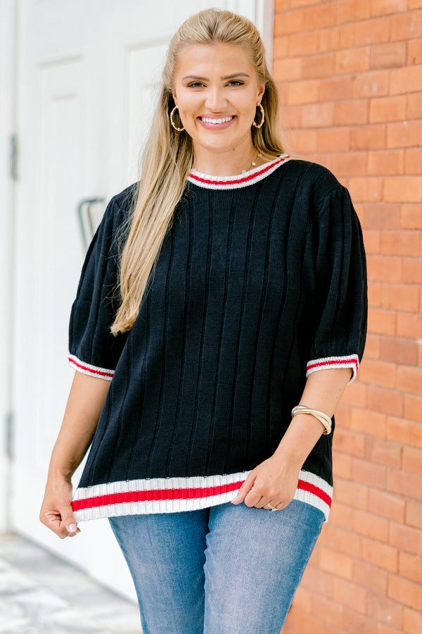 Chic Soul plus  size clothing, Navy short sleeve sweater top with a white cuff that has a ride stripe on the bottom of the shirt along the neckline and on the end of the sleeves 