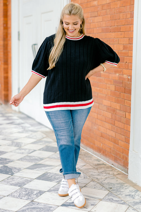 Chic Soul plus  size clothing, Navy short sleeve sweater top with a white cuff that has a ride stripe on the bottom of the shirt along the neckline and on the end of the sleeves 