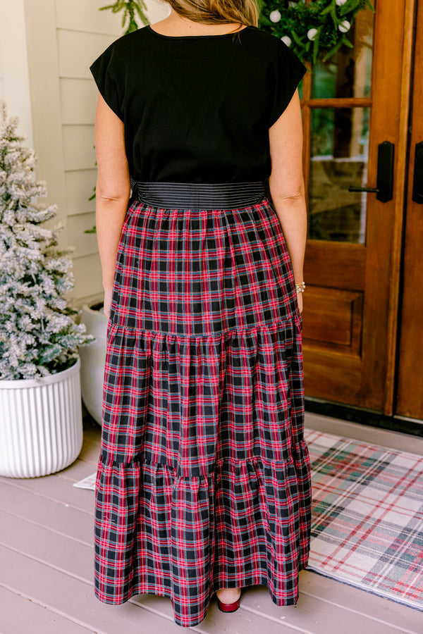 Chic Soul plus size clothing, maxi dress with black cap sleeve top with black and red plaid skirt and black waist bow