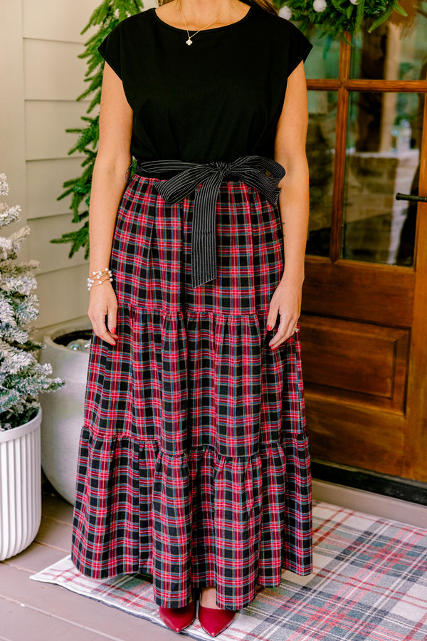 Chic Soul plus size clothing, maxi dress with black cap sleeve top with black and red plaid skirt and black waist bow