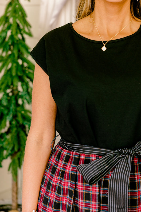 Chic Soul plus size clothing, maxi dress with black cap sleeve top with black and red plaid skirt and black waist bow