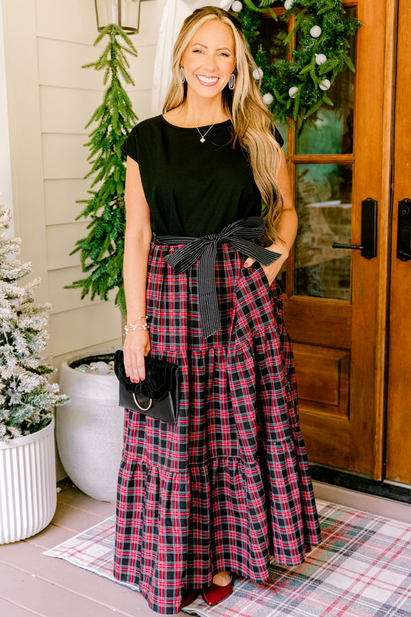 Chic Soul plus size clothing, maxi dress with black cap sleeve top with black and red plaid skirt and black waist bow