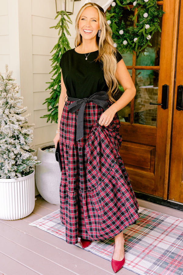 Chic Soul plus size clothing, maxi dress with black cap sleeve top with black and red plaid skirt and black waist bow