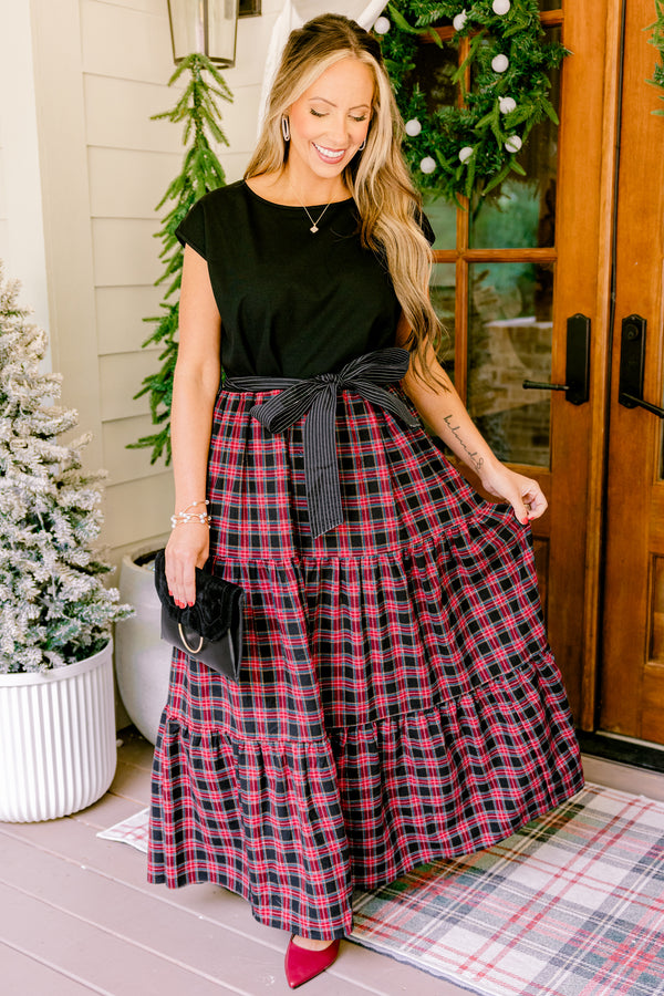 Chic Soul plus size clothing, maxi dress with black cap sleeve top with black and red plaid skirt and black waist bow