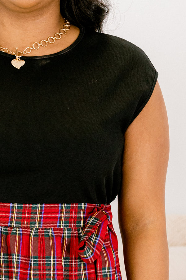 Chic Soul plus size clothing, black cap sleeve and red and white plaid skirt dress with tie around the waist