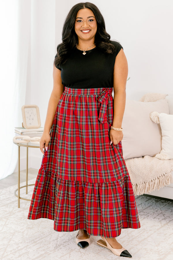 Chic Soul plus size clothing, black cap sleeve and red and white plaid skirt dress with tie around the waist
