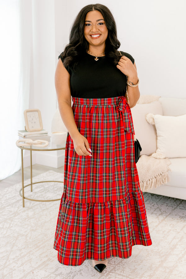 Chic Soul plus size clothing, black cap sleeve and red and white plaid skirt dress with tie around the waist