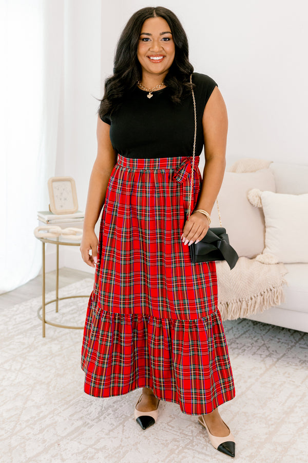 Chic Soul plus size clothing, black cap sleeve and red and white plaid skirt dress with tie around the waist
