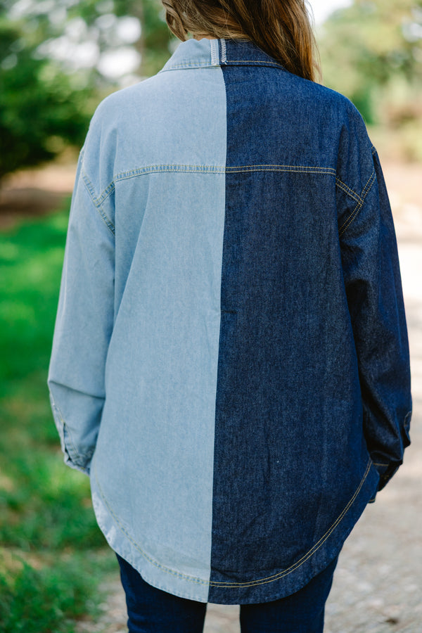 Chic Soul plus size clothing, 2 tone denim button up that is half light wash and half dark wash