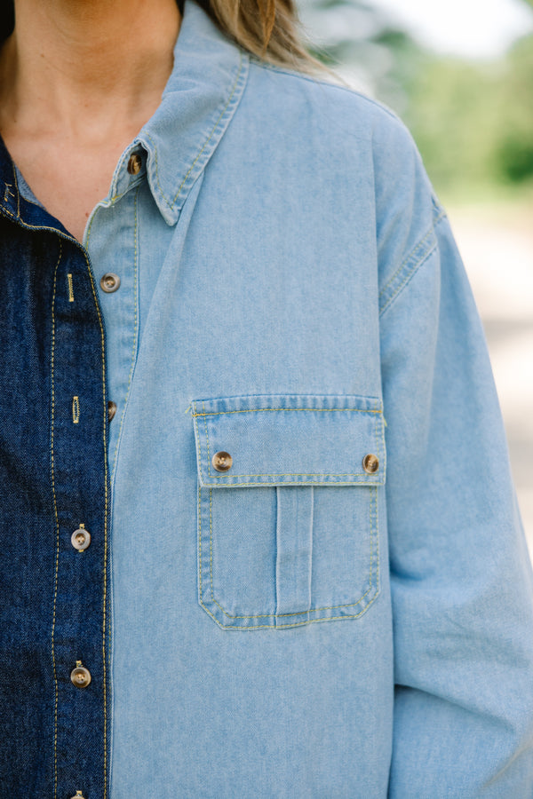 Chic Soul plus size clothing, 2 tone denim button up that is half light wash and half dark wash
