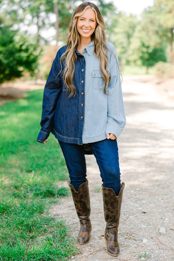 Chic Soul plus size clothing, 2 tone denim button up that is half light wash and half dark wash