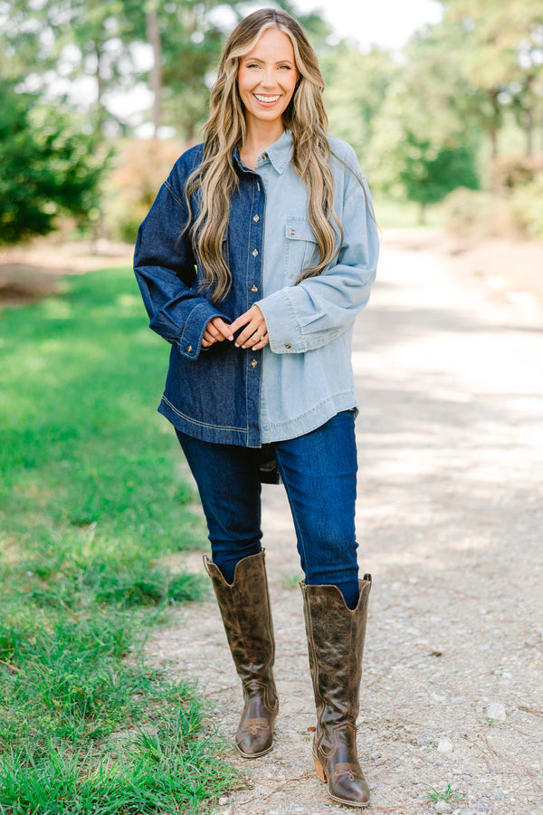 Chic Soul plus size clothing, 2 tone denim button up that is half light wash and half dark wash