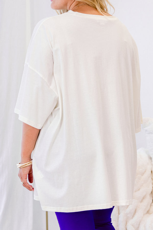 Chic Soul plus size clothing, ivory graphic tee with the words 