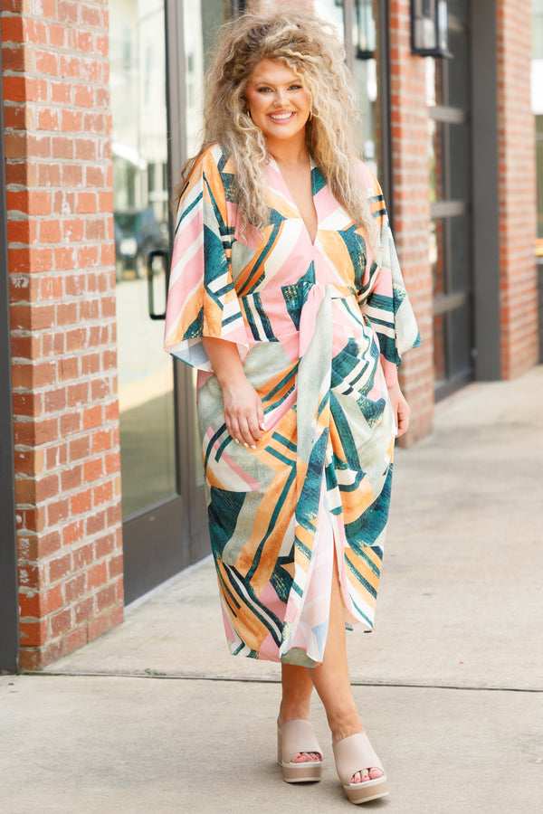 Chic Soul plus size clothing, multicolor abstract pattern maxi dress with flowy sleeves and a deep v neck