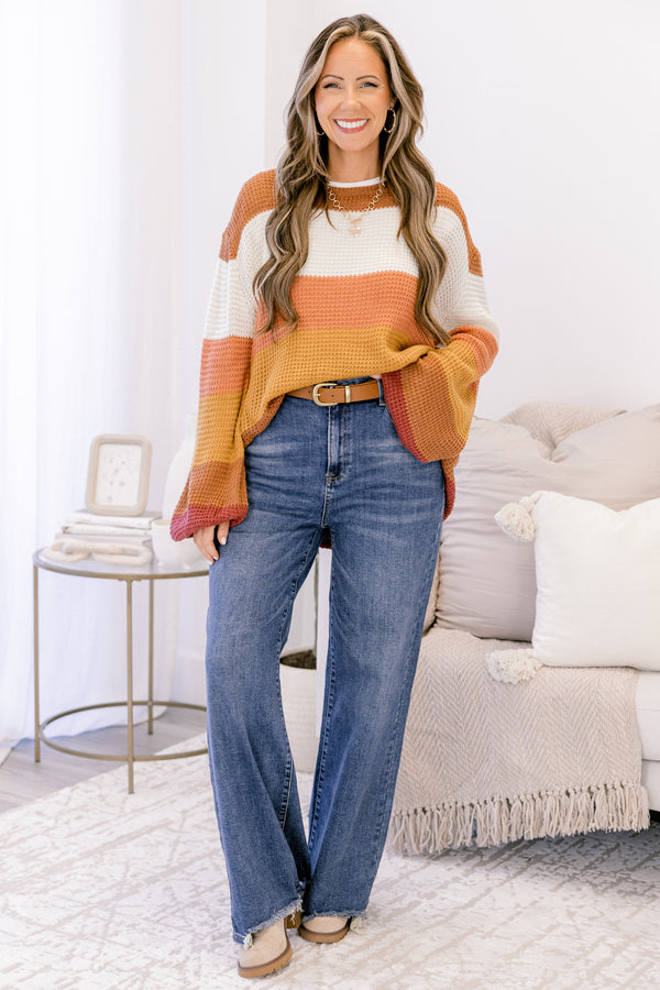Chic Soul plus size clothing, orange and yellow striped knit sweater