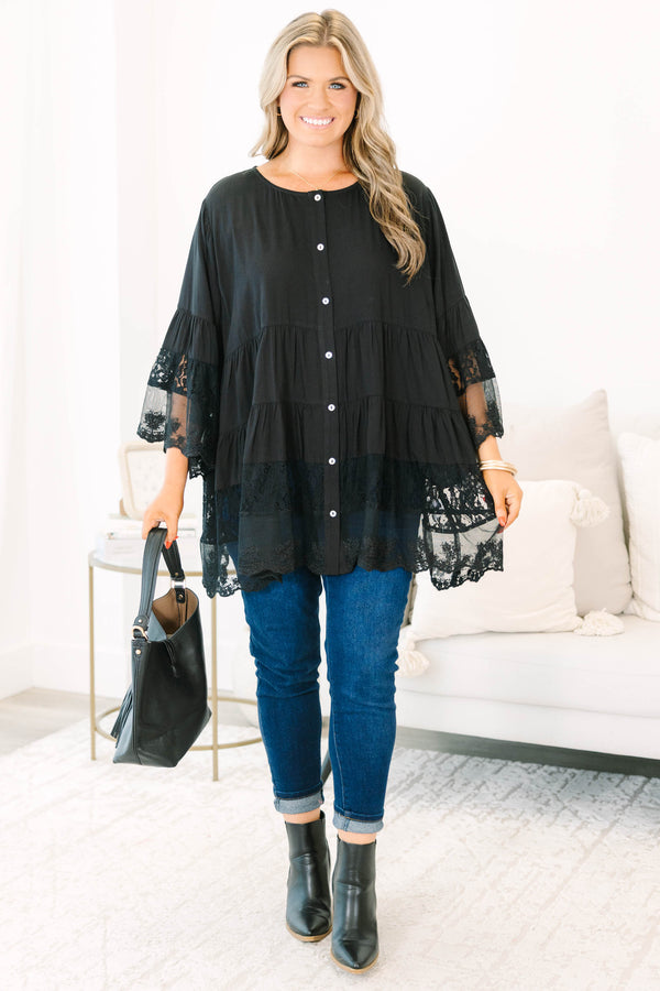 Plus Size black button-down blouse with tiered lace trim and wide lace-cuffed sleeves.