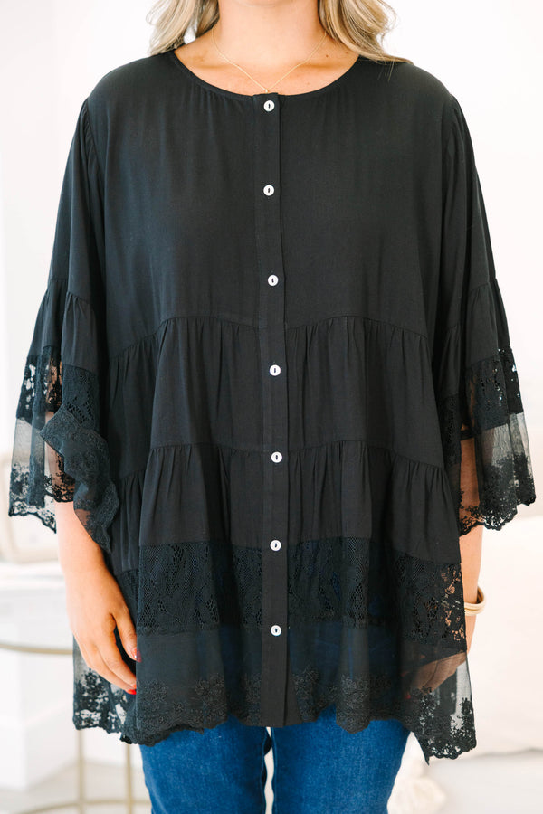 Plus Size black button-down blouse with tiered lace trim and wide lace-cuffed sleeves.