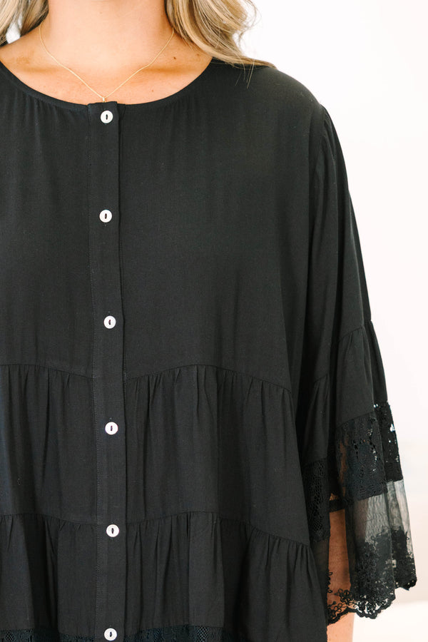 Plus Size black button-down blouse with tiered lace trim and wide lace-cuffed sleeves.